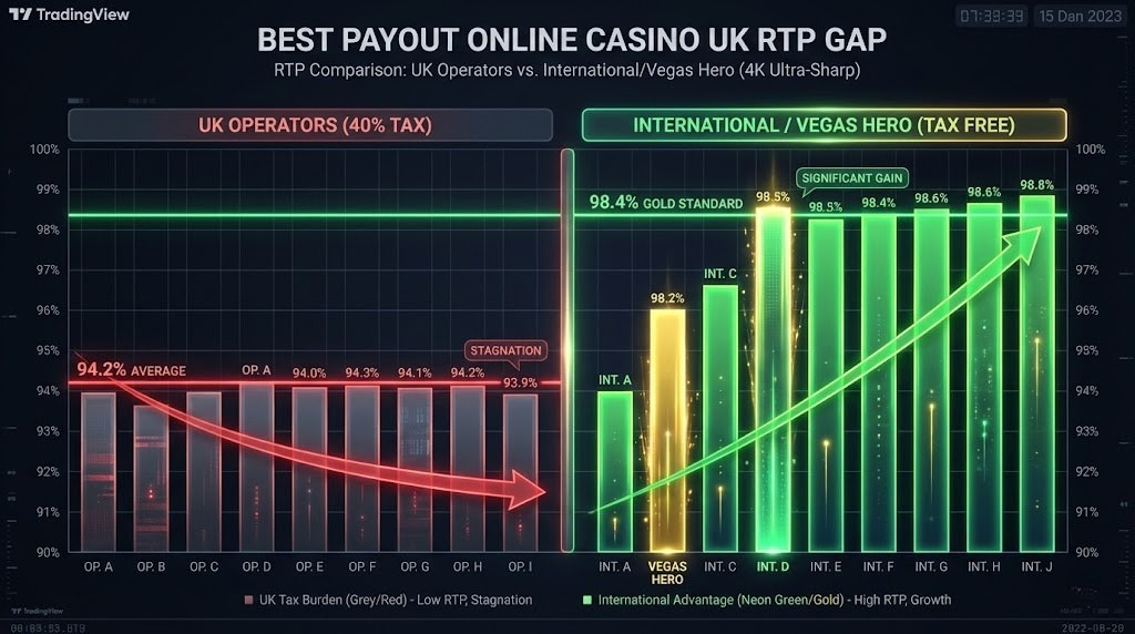 Comparative bar chart displaying average RTP percentages across major operators, showing UK casinos at 94.2% versus international platforms offering the best payout online casino UK players can access at 96-98% RTP due to zero UK tax obligations.