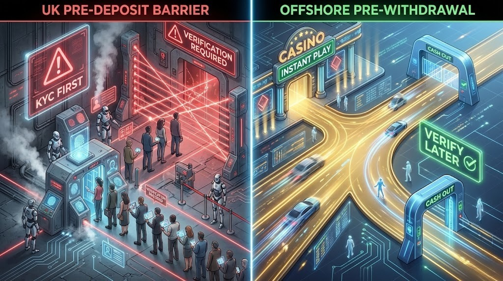 Comparison flowchart UK online casino pre-deposit verification vs offshore pre-withdrawal verification processes
