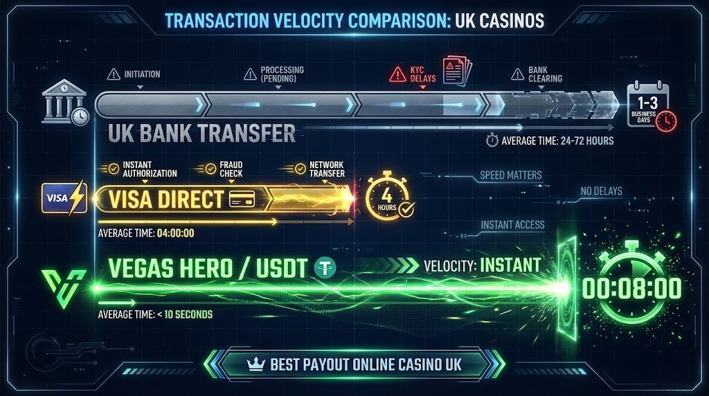 Detailed timeline infographic comparing withdrawal speeds across payment methods, demonstrating why crypto-enabled platforms like Vegas Hero represent the true fast withdrawal casino options for UK players seeking the best payout online casino UK alternatives.