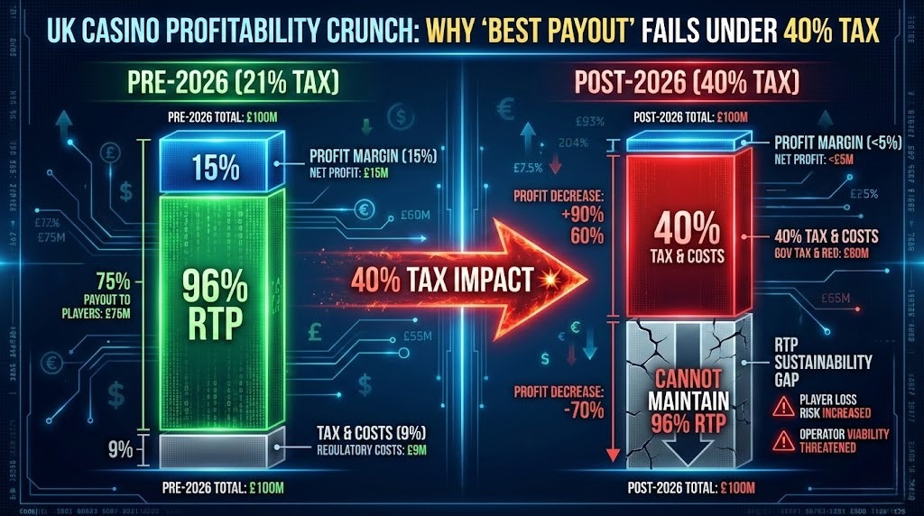 Financial breakdown chart comparing pre-2026 and post-2026 profit margins for UK online casinos, illustrating why the best payout online casino UK options can no longer maintain 96% RTP under the new 40% tax structure.