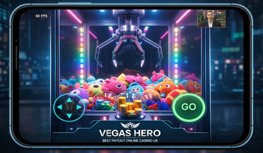 Mobile device screenshot showing the interactive Bonus Crab feature at Vegas Hero, where players control a real claw machine via live stream to win prizes—an engagement innovation unavailable at UK-regulated casinos seeking to offer the best payout online casino UK.