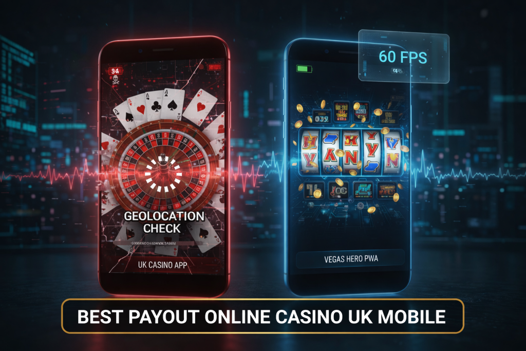 Split comparison showing a UK gambling app causing battery drain and device heating versus Vegas Hero's PWA delivering smooth 60 FPS gameplay, illustrating why mobile users seeking the best payout online casino UK experience choose progressive web apps over regulation-heavy native apps.