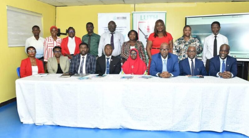 Seated left to right: Dr. Lilian Ekpo - Centre Director MedserveLUTH Cancer Centre, Prof Anthonia Sowunmi - Head of Oncology, Medserve LUTH Cancer Centre, Dr. Eben Aje - Consultant Clinical and Radiation Oncologist, Medserve-LUTH Cancer Centre, Prof Daniel Odebiyi - Deputy Provost, College of Medicine University LUTH , Prof. Fatima Abdulkareem- Co-Principal Investigator, Memorial Sloan Kettering Cancer Centre, Prof Wasiu Lanre FAS-Chief Medical Director LUTH, Dr. Tolulope Adewole- Chief Executive officer Medserve,Prof. Ayodeji Oluwole-Chairman, Medical Advisory Committee, LUTH during the launch of the Immunotherapy Clinical Trial in Lagos on Monday.