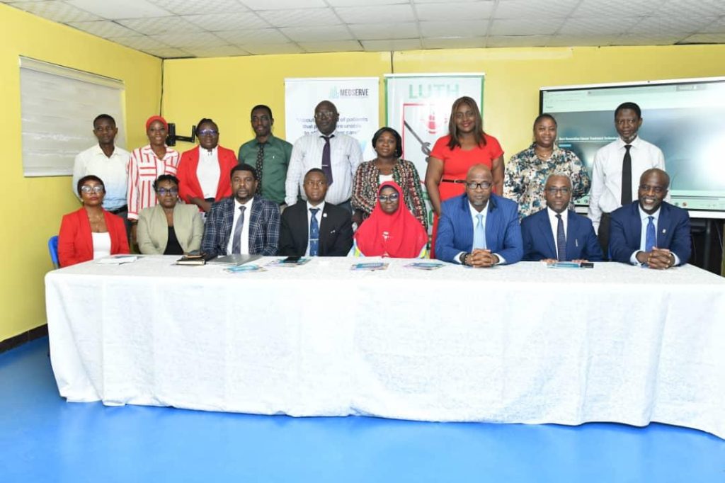 Seated left to right: Dr. Lilian Ekpo - Centre Director MedserveLUTH Cancer Centre, Prof Anthonia Sowunmi - Head of Oncology, Medserve LUTH Cancer Centre, Dr. Eben Aje - Consultant Clinical and Radiation Oncologist, Medserve-LUTH Cancer Centre, Prof Daniel Odebiyi - Deputy Provost, College of Medicine University LUTH , Prof. Fatima Abdulkareem- Co-Principal Investigator, Memorial Sloan Kettering Cancer Centre, Prof Wasiu Lanre FAS-Chief Medical Director LUTH, Dr. Tolulope Adewole- Chief Executive officer Medserve,Prof. Ayodeji Oluwole-Chairman, Medical Advisory Committee, LUTH during the launch of the Immunotherapy Clinical Trial in Lagos on Monday.