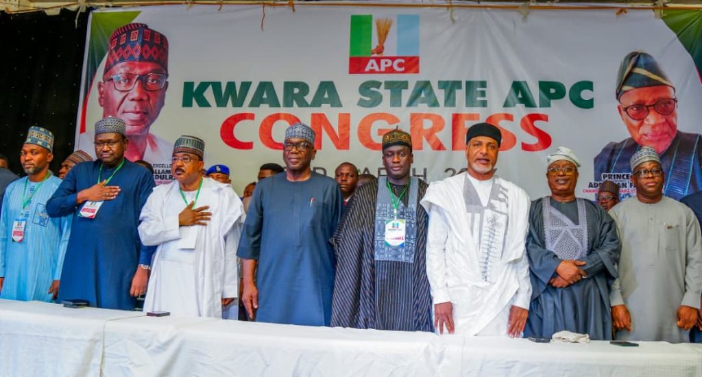 ‎L-R: Prof. Habeeb Salau; Dr. Alikali Alibe; Kwara State Deputy Governor, Mr Kayode Alabi; Governor AbdulRahman AbdulRazaq (CON); Speaker Kwara State House of Assembly, Rt. Hon. Yakub Salihu Danladi; Senator Salihu Mustapha; Senator Lola Ashiru; and Senator Sadiq Umar; during the State APC Congress, in Ilorin, on Tuesday.