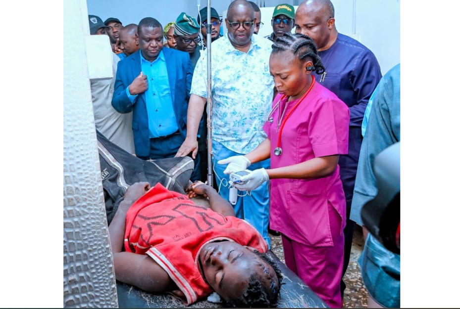 Plateau State Governor Caleb Mutfwang checks on injured victims receiving treatment at the Jos University Teaching Hospital.