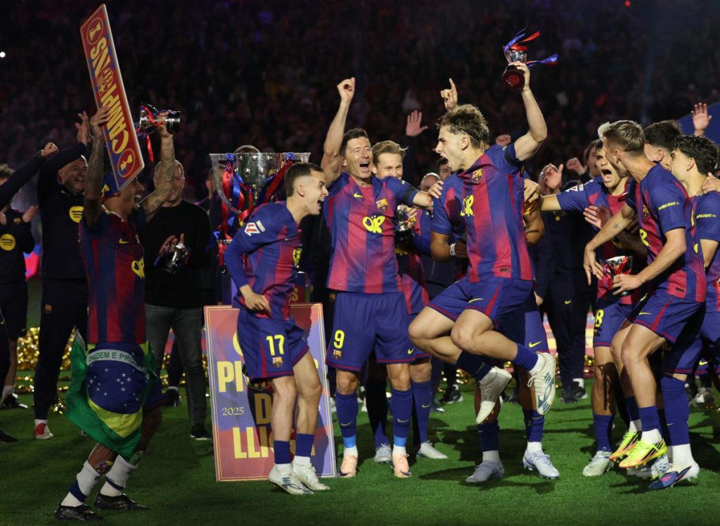 Lionel Messi celebrates Barcelona’s La Liga title