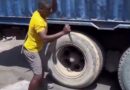 Video: Man escapes death after attempts to burst truck tyre