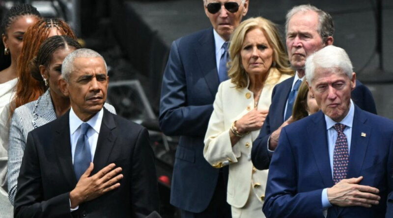 Ex-presidents, celebrities, but no Trump, turn out for Obama Center