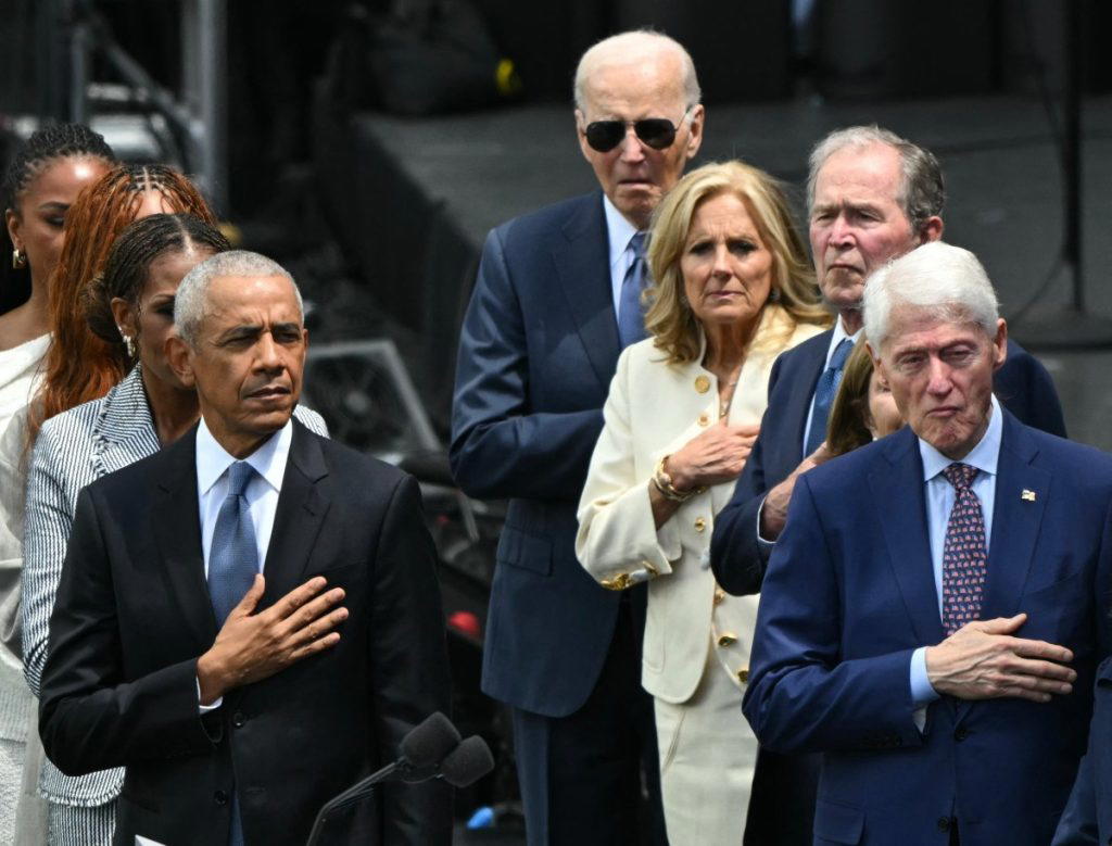 Ex-presidents, celebrities, but no Trump, turn out for Obama Center